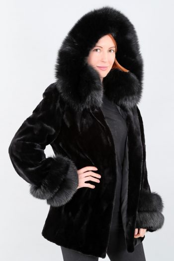 Black Diamond Sheared Mink Sections Jacket w/ Fox Trim/Detachable Hood